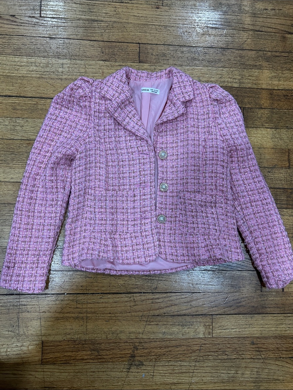 SHEIN Pink Tweed Pearl-Button Blazer